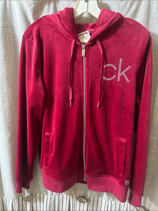 Calvin Klein Tops - Calvin Klein Deep Red Velour Zip Hoodie with Crystal CK